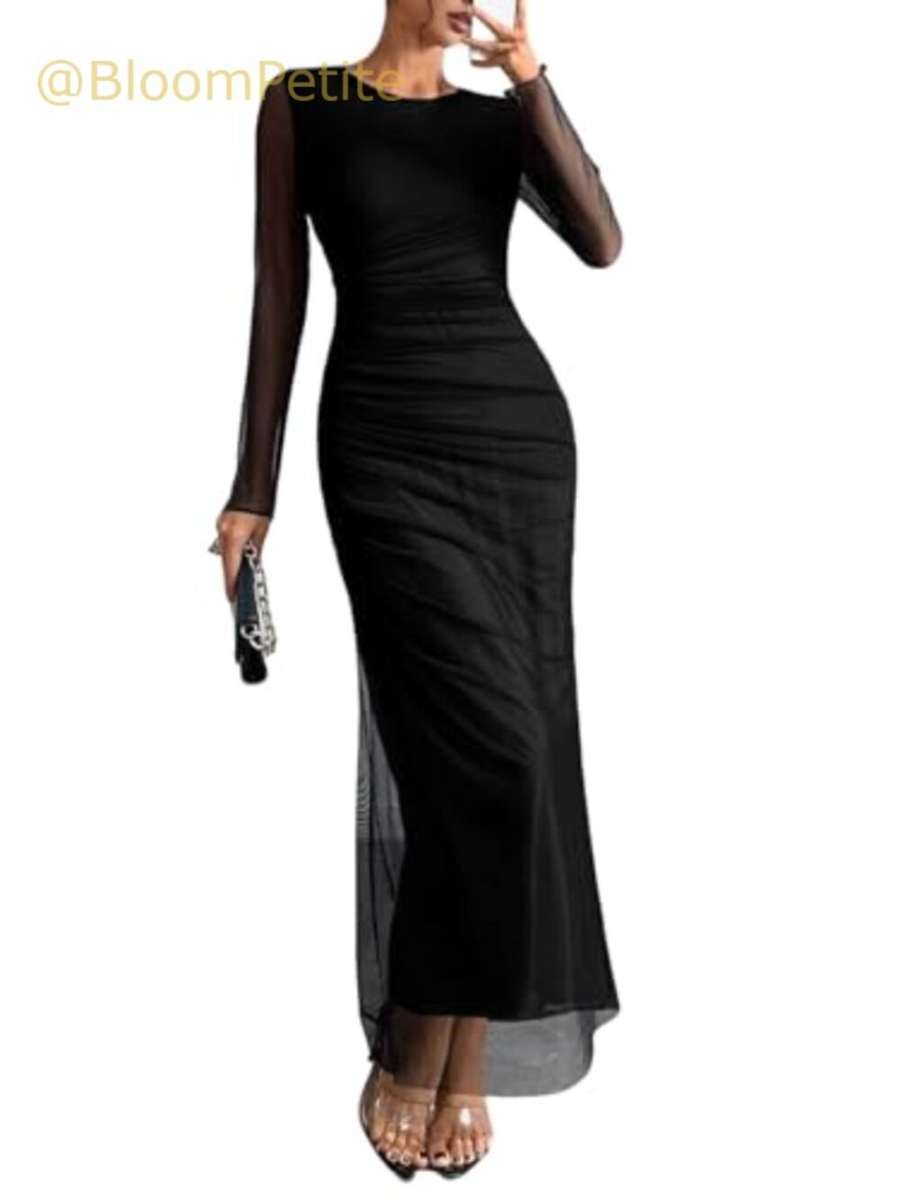 Mesh Tie Dye Bodycon Ruched Long Sleeve Maxi Dress Formal Wedding Guest